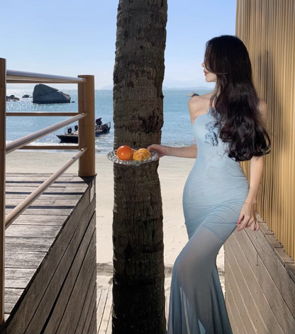 Unique Floral Design Sheath Camisole Dress Breathable Bodycon Halter Long Dress AP0587