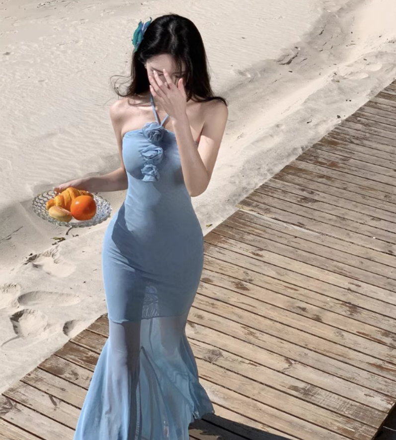 Unique Floral Design Sheath Camisole Dress Breathable Bodycon Halter Long Dress AP0587