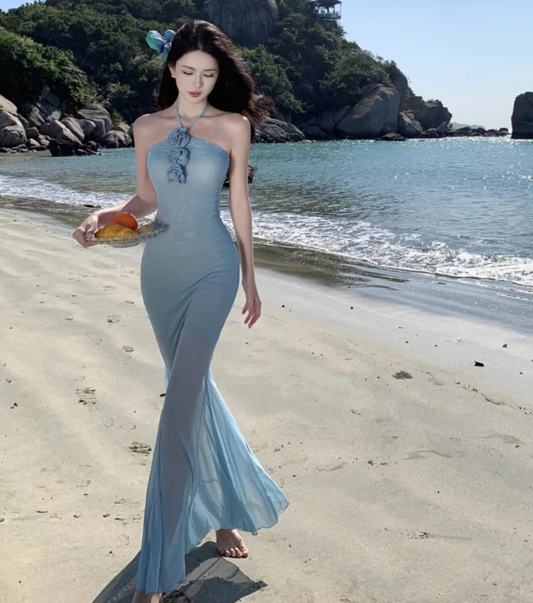 Unique Floral Design Sheath Camisole Dress Breathable Bodycon Halter Long Dress AP0587