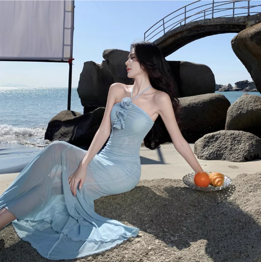 Unique Floral Design Sheath Camisole Dress Breathable Bodycon Halter Long Dress AP0587