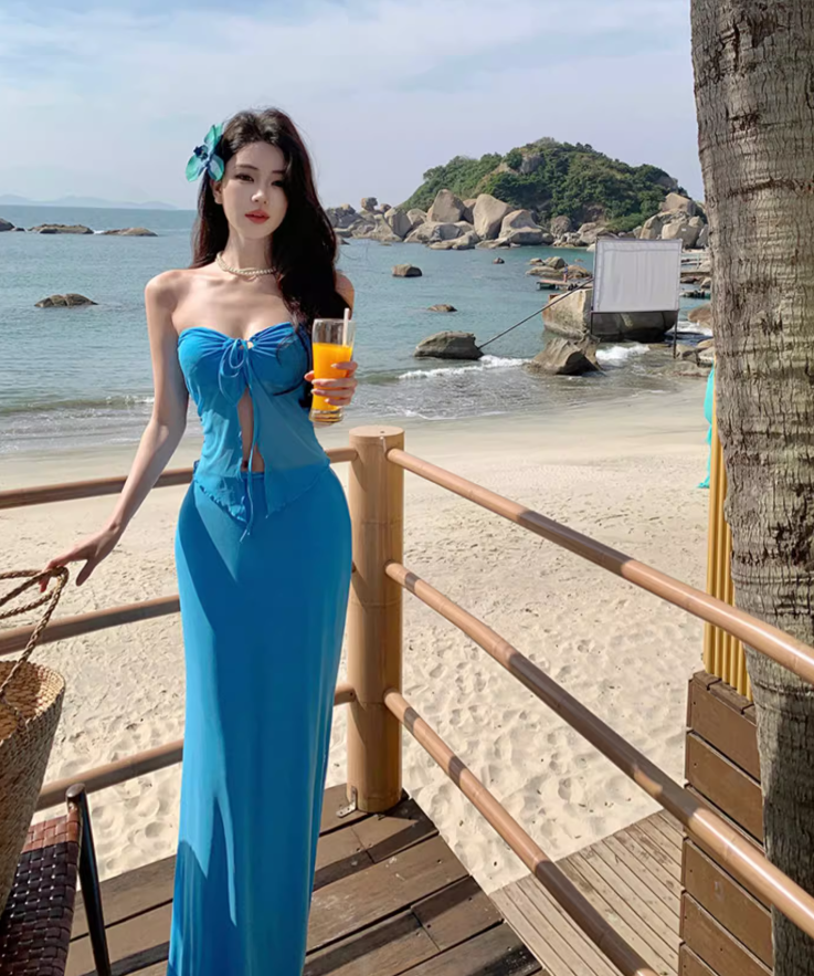 Flowy Strapless Ruffled Hem Two-Piece Sundress Open-Waist Bodycon Halter Long Dress AP0588