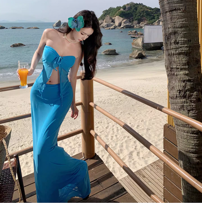 Flowy Strapless Ruffled Hem Two-Piece Sundress Open-Waist Bodycon Halter Long Dress AP0588