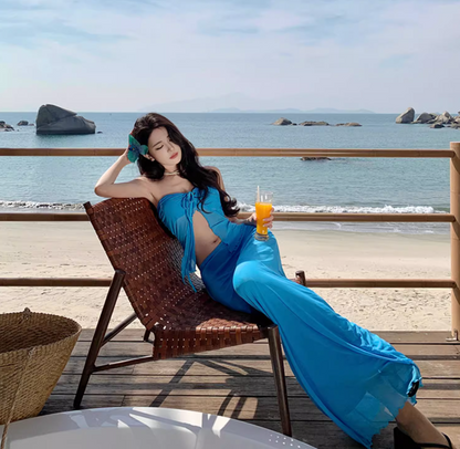 Flowy Strapless Ruffled Hem Two-Piece Sundress Open-Waist Bodycon Halter Long Dress AP0588