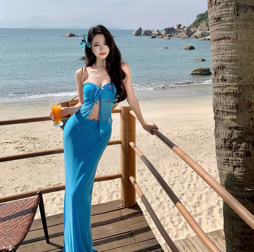 Flowy Strapless Ruffled Hem Two-Piece Sundress Open-Waist Bodycon Halter Long Dress AP0588