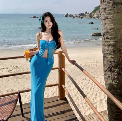 Flowy Strapless Ruffled Hem Two-Piece Sundress Open-Waist Bodycon Halter Long Dress AP0588