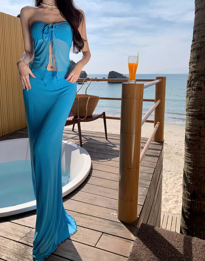 Flowy Strapless Ruffled Hem Two-Piece Sundress Open-Waist Bodycon Halter Long Dress AP0588