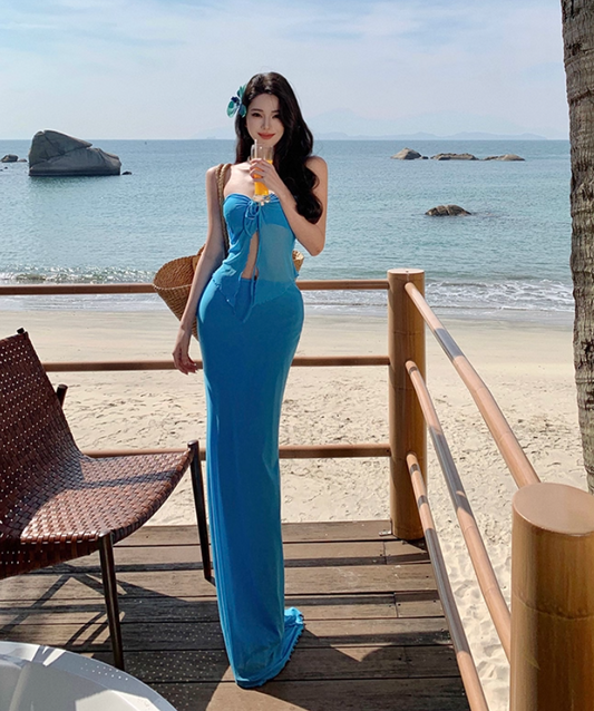 Flowy Strapless Ruffled Hem Two-Piece Sundress Open-Waist Bodycon Halter Long Dress AP0588