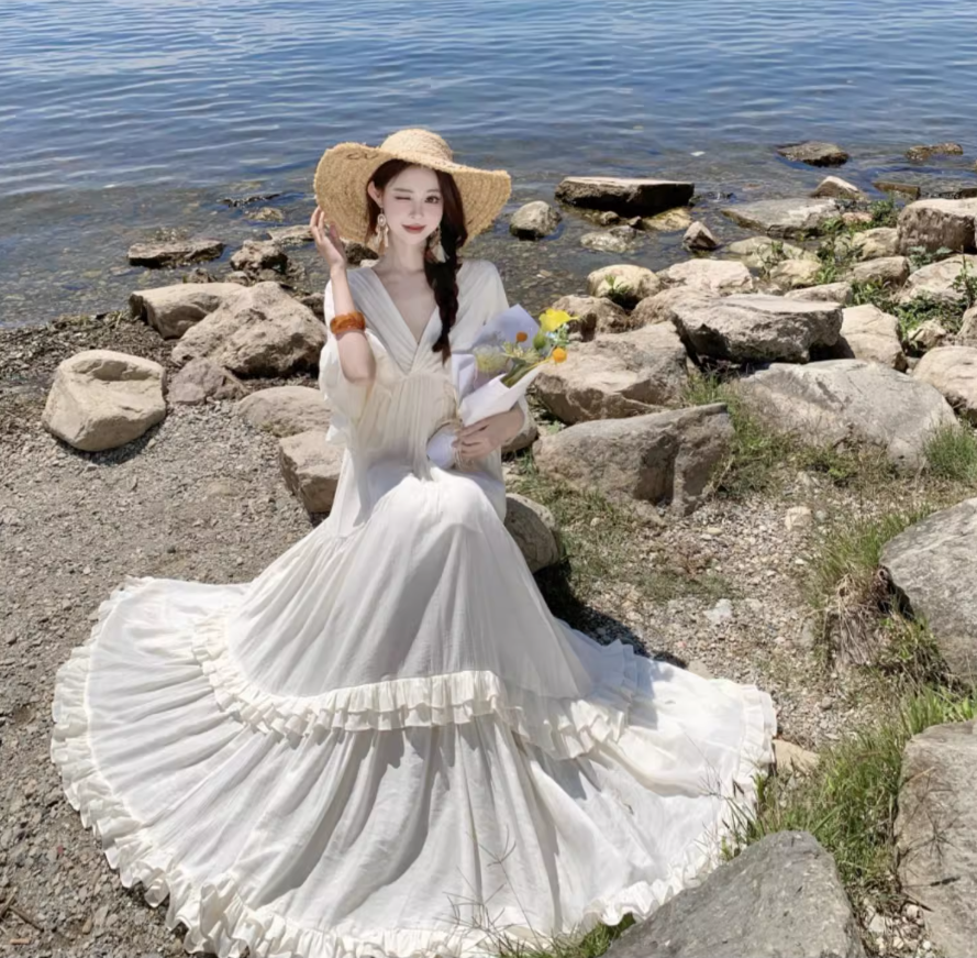 Exquisite V Neck Flowy Ruffles Full Skirt Fairycore Ambience Long Sleeve Ethereal Long Dress AP0589