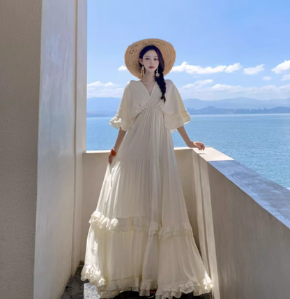 Exquisite V Neck Flowy Ruffles Full Skirt Fairycore Ambience Long Sleeve Ethereal Long Dress AP0589