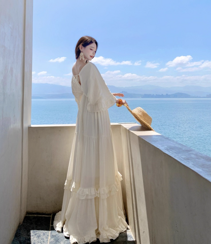 Exquisite V Neck Flowy Ruffles Full Skirt Fairycore Ambience Long Sleeve Ethereal Long Dress AP0589