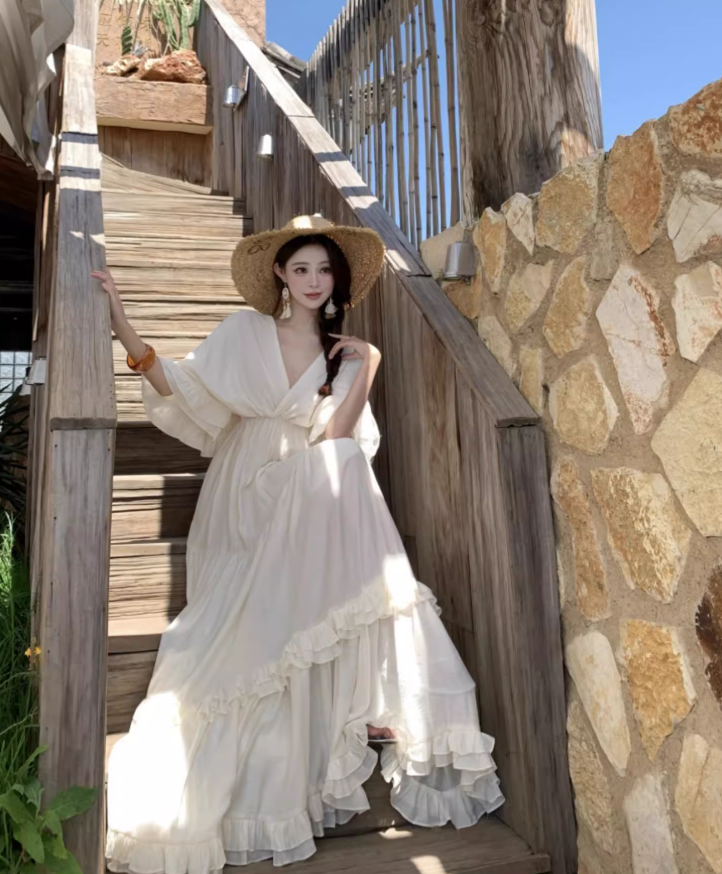 Exquisite V Neck Flowy Ruffles Full Skirt Fairycore Ambience Long Sleeve Ethereal Long Dress AP0589