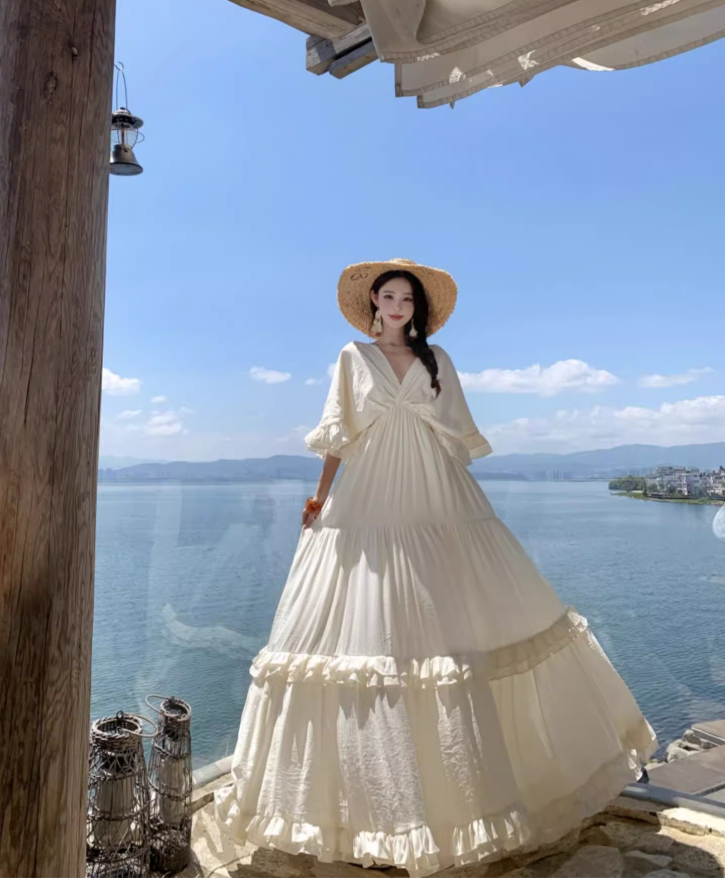 Exquisite V Neck Flowy Ruffles Full Skirt Fairycore Ambience Long Sleeve Ethereal Long Dress AP0589