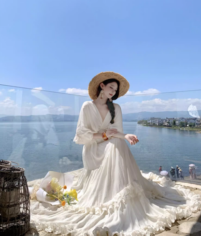 Exquisite V Neck Flowy Ruffles Full Skirt Fairycore Ambience Long Sleeve Ethereal Long Dress AP0589