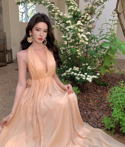 Fairycore Ambience Backless Maxi Skirt Deep V Neck Flowy Halter Long Dress AP0591