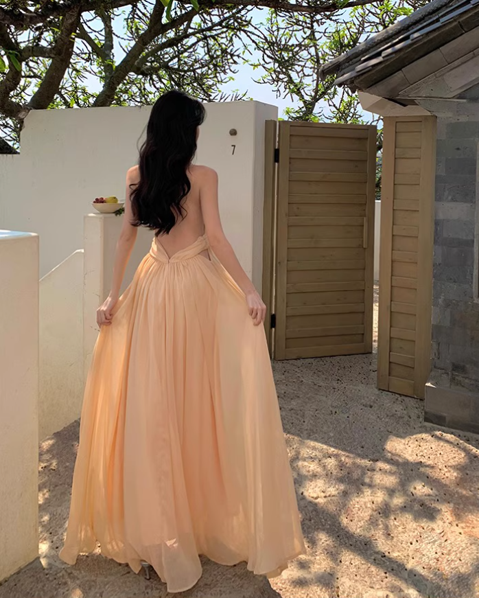 Fairycore Ambience Backless Maxi Skirt Deep V Neck Flowy Halter Long Dress AP0591