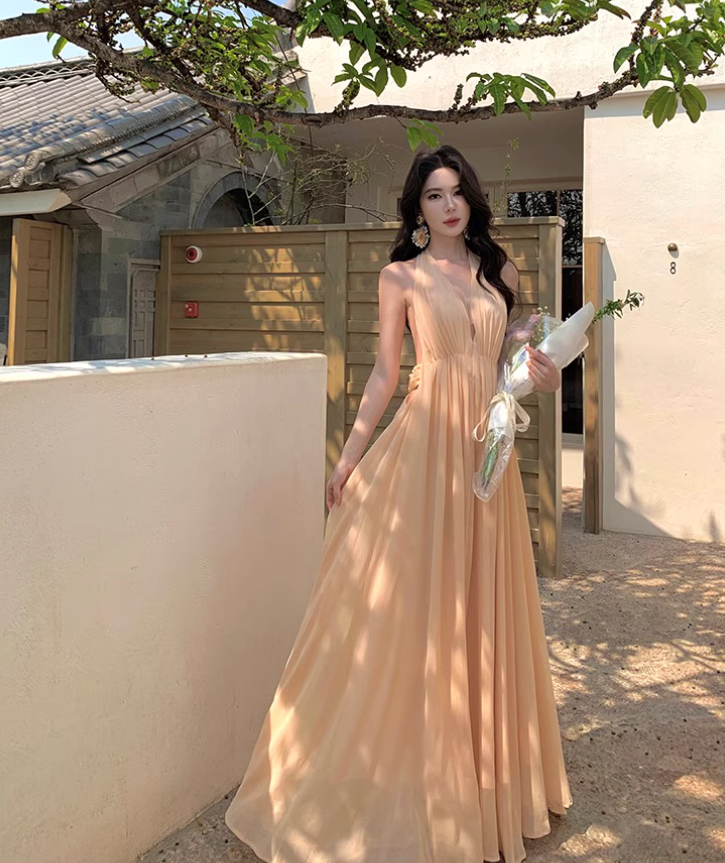 Fairycore Ambience Backless Maxi Skirt Deep V Neck Flowy Halter Long Dress AP0591