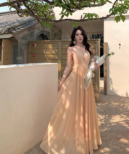 Fairycore Ambience Backless Maxi Skirt Deep V Neck Flowy Halter Long Dress AP0591