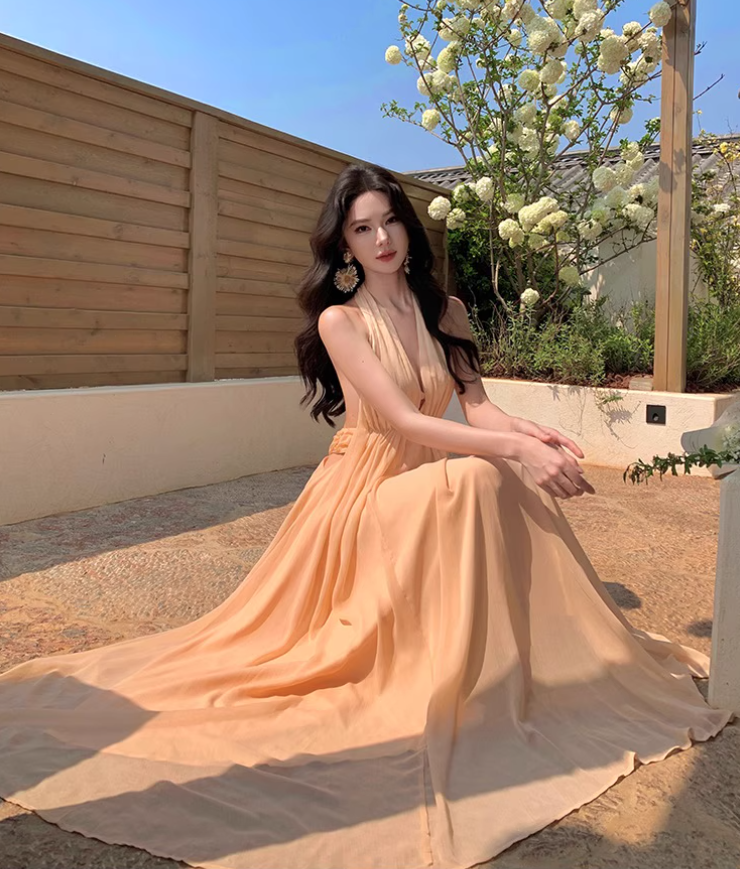 Fairycore Ambience Backless Maxi Skirt Deep V Neck Flowy Halter Long Dress AP0591