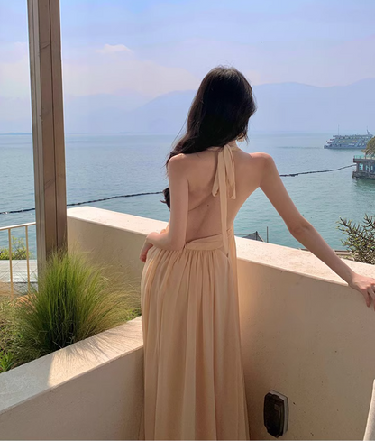 Fairycore Ambience Backless Maxi Skirt Deep V Neck Flowy Halter Long Dress AP0591