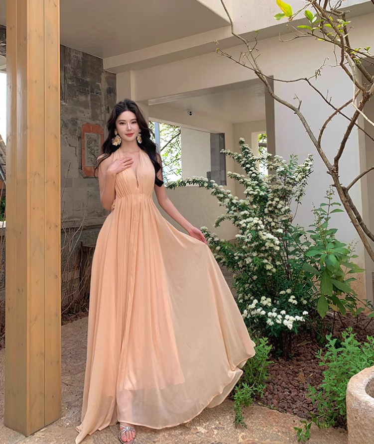 Fairycore Ambience Backless Maxi Skirt Deep V Neck Flowy Halter Long Dress AP0591