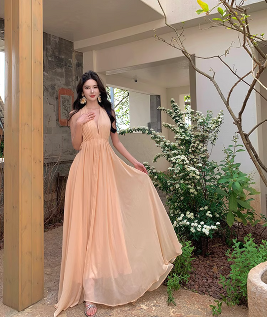 Fairycore Ambience Backless Maxi Skirt Deep V Neck Flowy Halter Long Dress AP0591