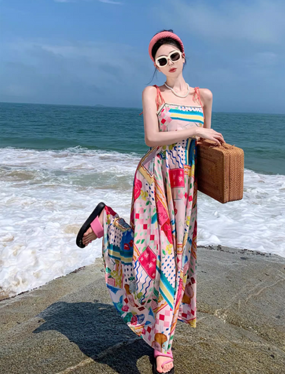 Unique Colorblock Stunning Island Photo Dress Vibrant Spaghetti Strap Long Dress AP0591