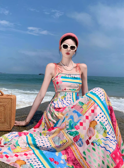 Unique Colorblock Stunning Island Photo Dress Vibrant Spaghetti Strap Long Dress AP0591