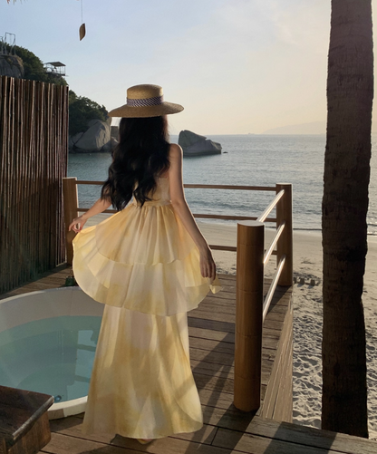 Vibrant Summer Beach Ruffles Hem Layered Maxi Dress Tie-Dye V Neck Long Dress AP0592