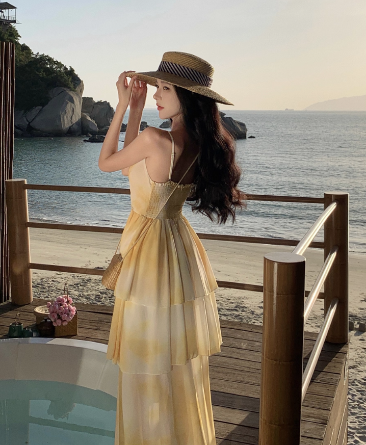 Vibrant Summer Beach Ruffles Hem Layered Maxi Dress Tie-Dye V Neck Long Dress AP0592