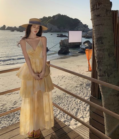 Vibrant Summer Beach Ruffles Hem Layered Maxi Dress Tie-Dye V Neck Long Dress AP0592