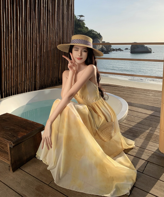 Vibrant Summer Beach Ruffles Hem Layered Maxi Dress Tie-Dye V Neck Long Dress AP0592