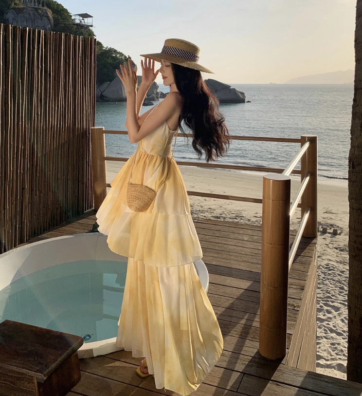 Vibrant Summer Beach Ruffles Hem Layered Maxi Dress Tie-Dye V Neck Long Dress AP0592