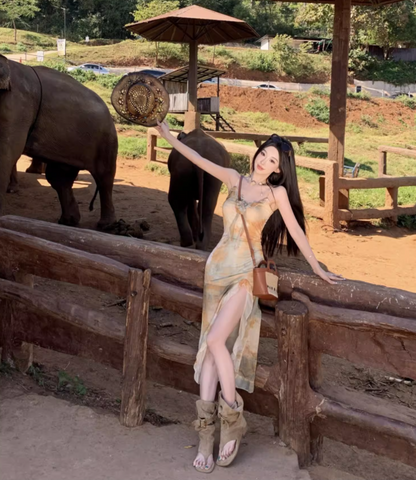 Unique Tie-Dye Fitting Maxi Dress Spaghetti Strap Asymmetric Hem Long Dress AP0593