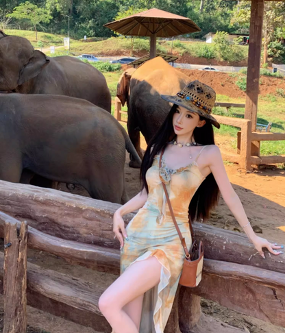 Unique Tie-Dye Fitting Maxi Dress Spaghetti Strap Asymmetric Hem Long Dress AP0593