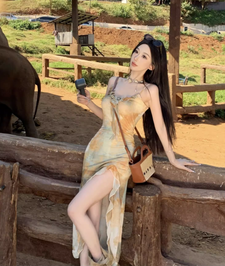 Unique Tie-Dye Fitting Maxi Dress Spaghetti Strap Asymmetric Hem Long Dress AP0593