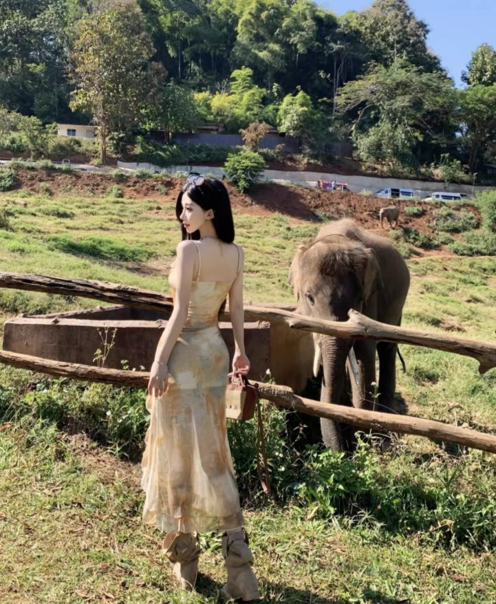 Unique Tie-Dye Fitting Maxi Dress Spaghetti Strap Asymmetric Hem Long Dress AP0593