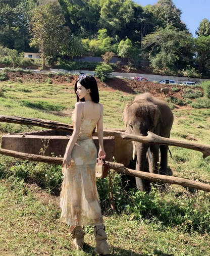 Unique Tie-Dye Fitting Maxi Dress Spaghetti Strap Asymmetric Hem Long Dress AP0593