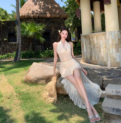 Two-Piece Halter Cowl Neck Top Maxi Dress Asymmetric Hem Beach Babe Long Dress AP0594