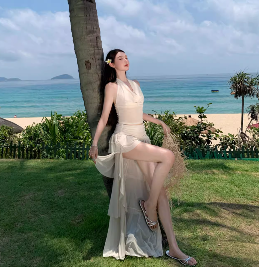 Two-Piece Halter Cowl Neck Top Maxi Dress Asymmetric Hem Beach Babe Long Dress AP0594