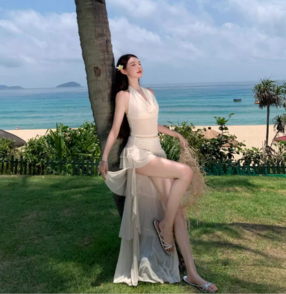 Two-Piece Halter Cowl Neck Top Maxi Dress Asymmetric Hem Beach Babe Long Dress AP0594