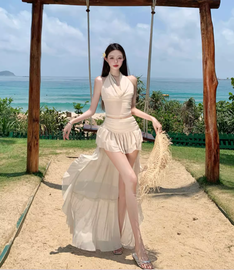 Two-Piece Halter Cowl Neck Top Maxi Dress Asymmetric Hem Beach Babe Long Dress AP0594