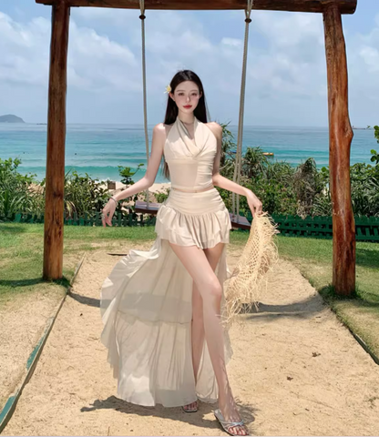 Two-Piece Halter Cowl Neck Top Maxi Dress Asymmetric Hem Beach Babe Long Dress AP0594