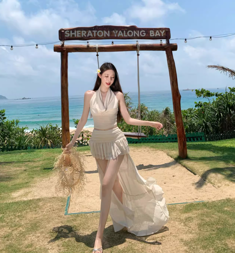 Two-Piece Halter Cowl Neck Top Maxi Dress Asymmetric Hem Beach Babe Long Dress AP0594