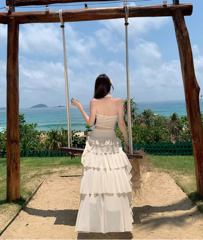 Two-Piece Halter Cowl Neck Top Maxi Dress Asymmetric Hem Beach Babe Long Dress AP0594