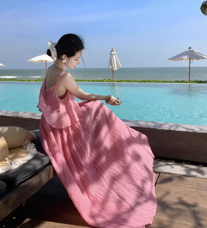 Breathable Fabric Stunning Island Photo Maxi Dress Unique Hem Ruffles Long Dress AP0595