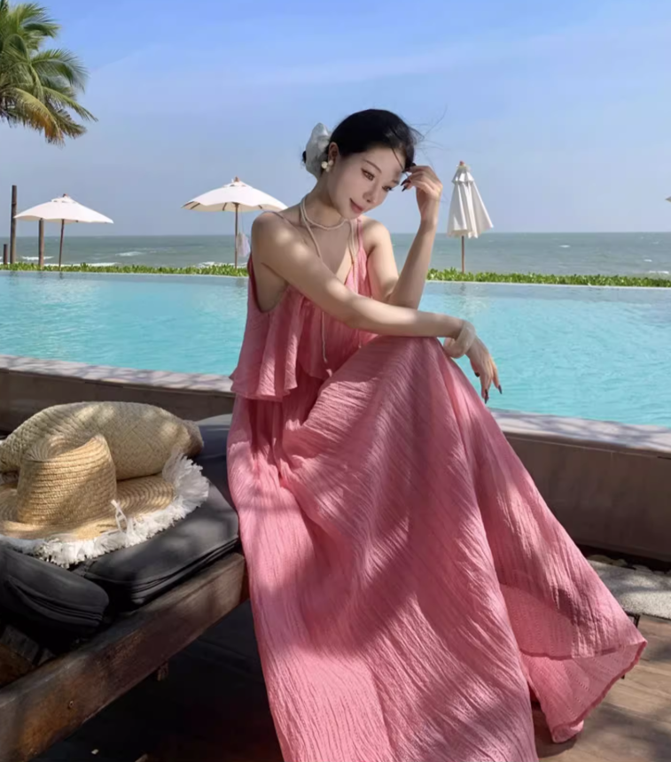 Breathable Fabric Stunning Island Photo Maxi Dress Unique Hem Ruffles Long Dress AP0595