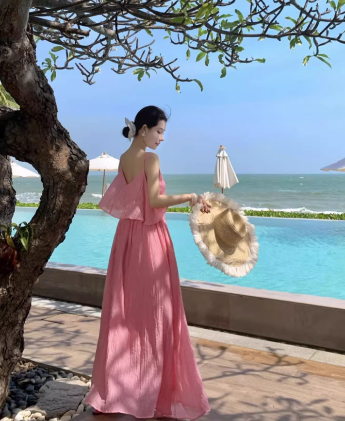 Breathable Fabric Stunning Island Photo Maxi Dress Unique Hem Ruffles Long Dress AP0595