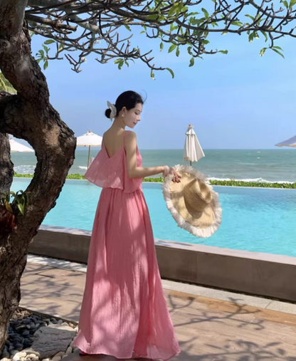 Breathable Fabric Stunning Island Photo Maxi Dress Unique Hem Ruffles Long Dress AP0595