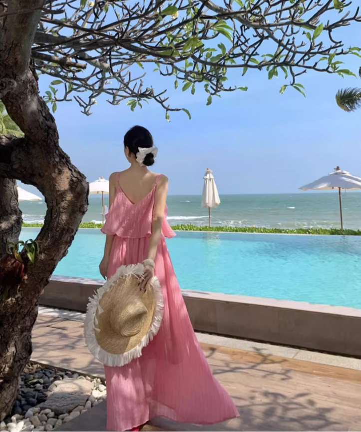 Breathable Fabric Stunning Island Photo Maxi Dress Unique Hem Ruffles Long Dress AP0595