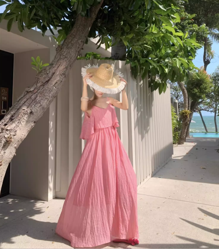 Breathable Fabric Stunning Island Photo Maxi Dress Unique Hem Ruffles Long Dress AP0595